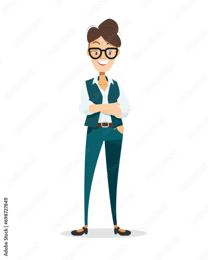 Confident businesswoman cartoon. Modern, stylish with glasses. Ideal for professional and corporate use, transparent background, png.