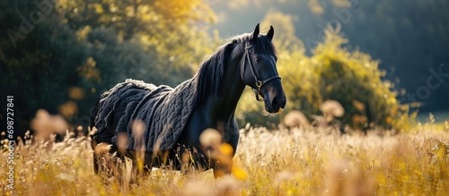 Friesian horse wearing fly-rug in field. photo