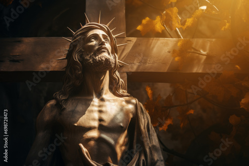 AI Generated Image. Wooden statue of Jesus Christ with crown of thorns on a religious cross in an illuminated room photo