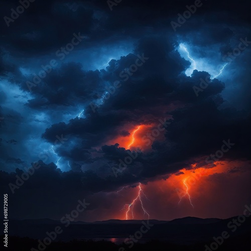 Black dark Orange blue dramatic night sky. Gloomy ominous storm rain clouds background. Cloudy thunderstorm hurricane wind lightning