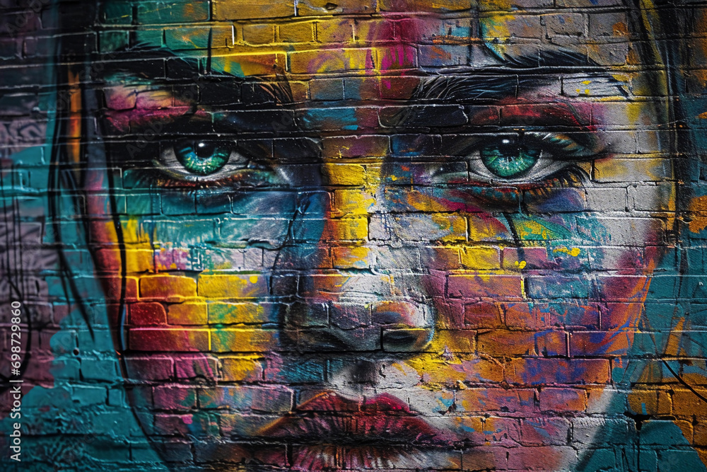 Φωτογραφία Vivid graffiti portrait on urban brick wall, mix of wildstyle and stencil techni