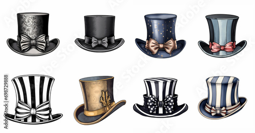 Realistic top hat clipart set. vintage black gentleman headdress isolated on white background. 