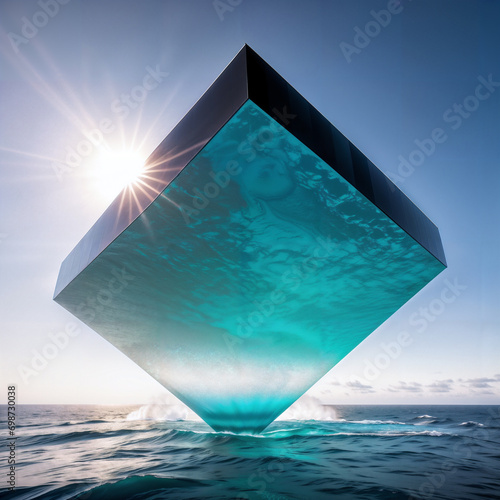 giant cube-shaped piece of water in the ocean  surrealism