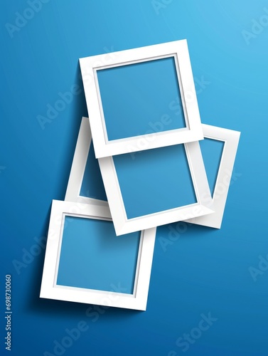 White picture frames on a blue background  modern minimalist design  copy space.
