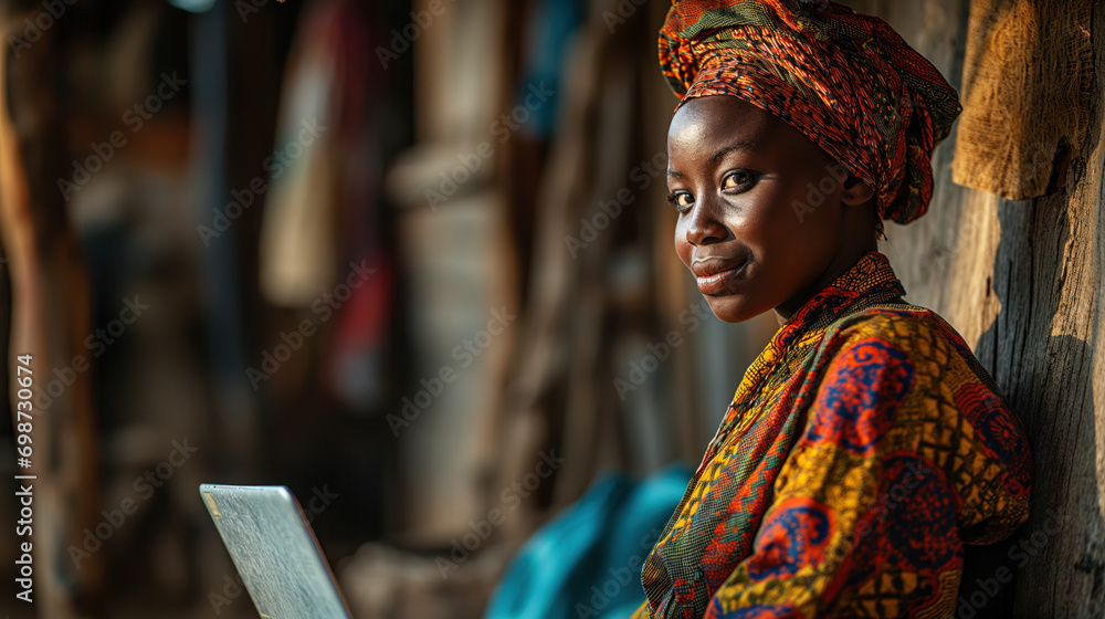 African woman sitting at the laptop in a village in Africa. Concept of the on line education