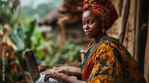 African woman sitting at the laptop in a village in Africa. Concept of the on line education photo