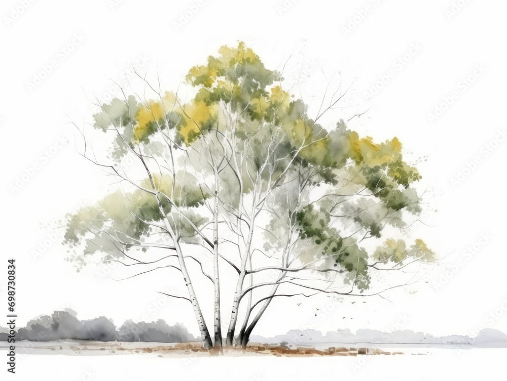 Minimalistic Superb Watercolor Illustration of Birch Tree AI Generated