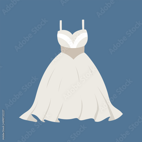 White fluffy wedding dress on blue background.