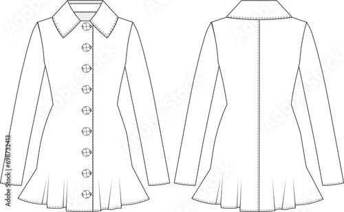 Long sleeve ruffled buttoned short mini dress with collar detail template technical drawing flat sketch cad mockup fashion woman design model style photo