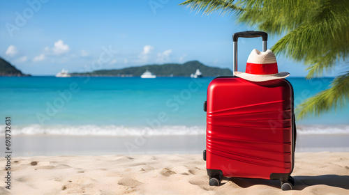 Rec suitcase with hat on the tropical beach