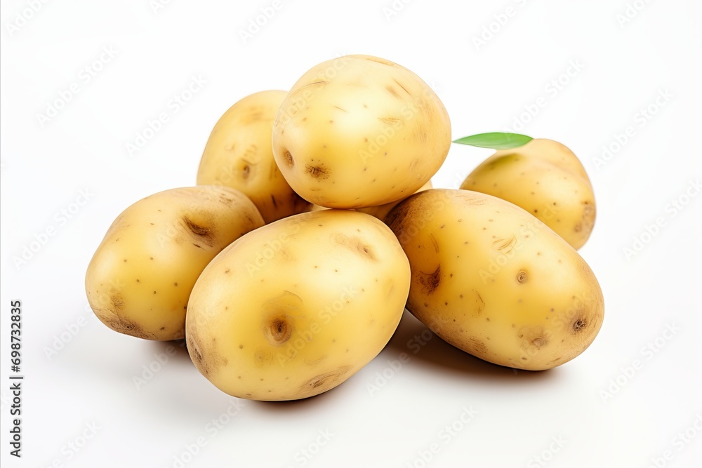 High quality image of fresh uncooked potato on white backdrop for ads, packaging, and labeling High quality image of fresh uncooked potato on white backdrop for ads, packaging, and labeling