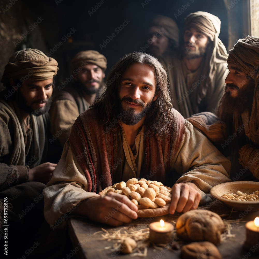 Christian religious illustration. Jesus Christ with the apostles ...