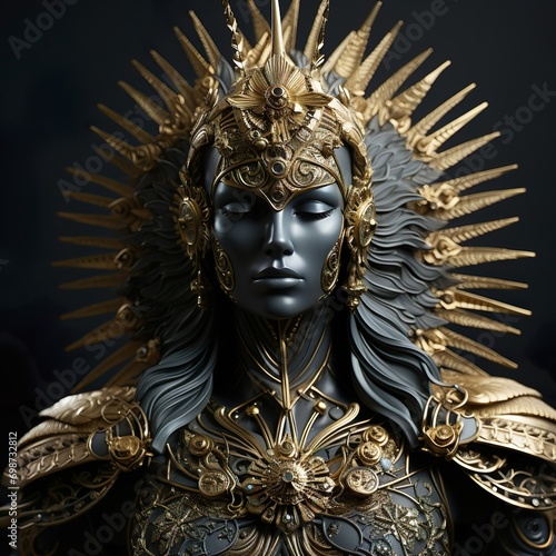 regal statue of woman with sun-like headpiece and golden armor