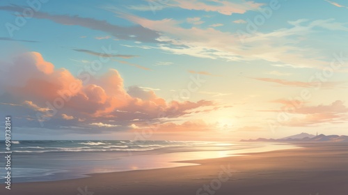 Serene sunset seascape: tranquil beach horizon for creative overlays © Ashi