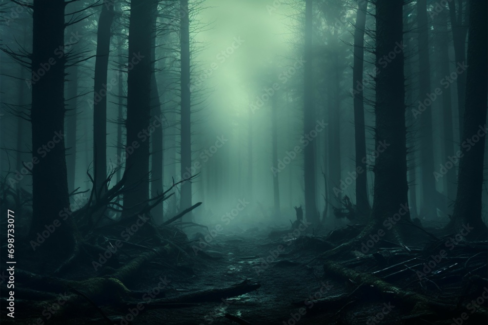 Haunting ambiance 3D rendering of misty forest with eerie concept