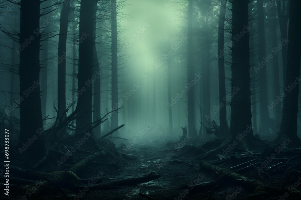 Fototapeta premium Haunting ambiance 3D rendering of misty forest with eerie concept