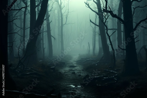 Creepy landscape Dark forest shrouded in haunted mist, 3D rendering