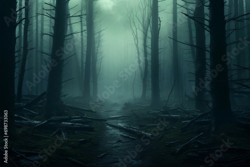 Eerie vision 3D rendering of a mist covered forest  creepy concept