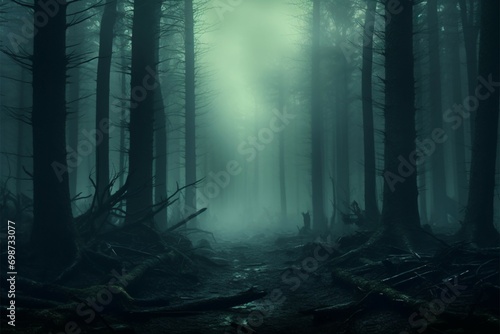 Haunting ambiance 3D rendering of misty forest with eerie concept © Jawed Gfx
