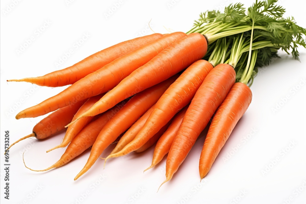Fresh and vibrant carrots on a clean white background for advertisements and packaging designs