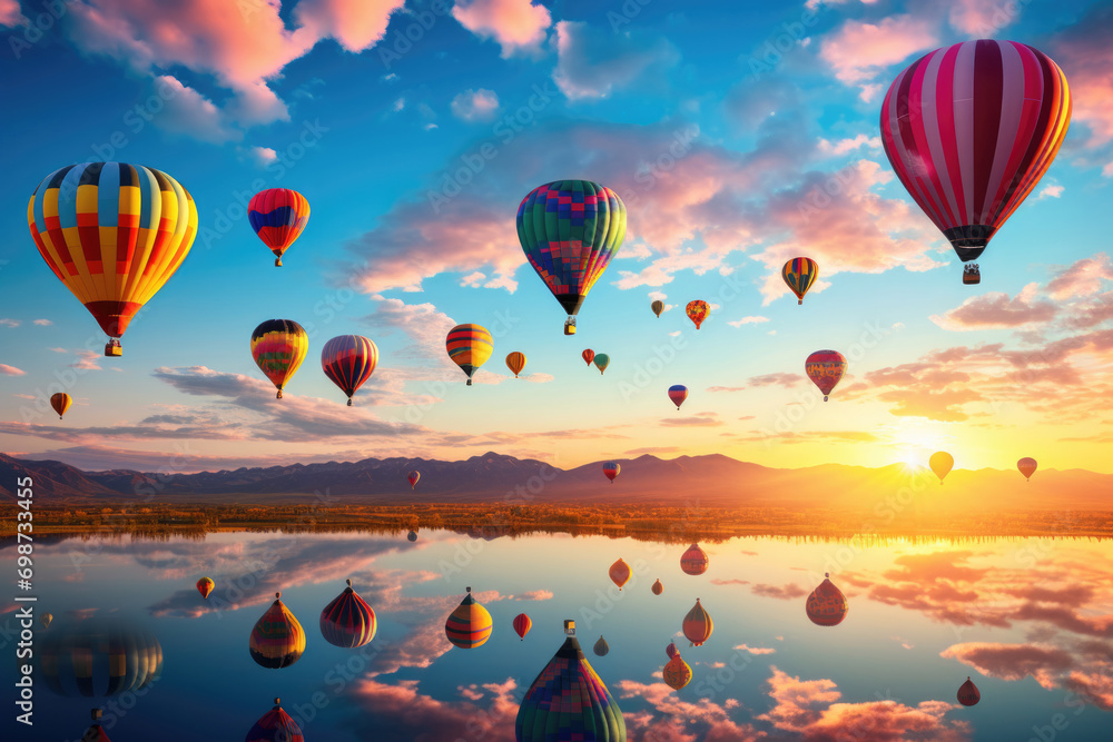 Fototapeta premium Balloons flying in the sky above the lake against the backdrop of sunset