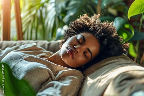 Relaxed tired young african american woman napping on comfortable sofa with eyes shut closed. Calm lazy black girl leaning on couch in living room enjoying chill sleeping resting at home concept photo