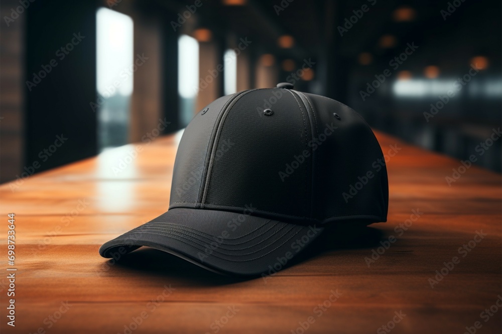 Casual elegance portrayed as a black baseball cap sits neatly on the table Casual elegance portrayed as a black baseball cap sits neatly on the table
