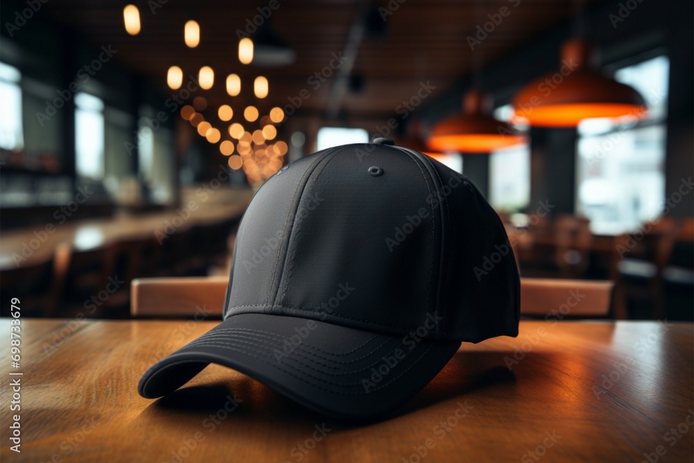 Timeless style a black baseball cap lies casually on the tables surface - obrazy, fototapety, plakaty 