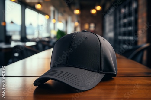 A black baseball cap rests on the table, exuding a sporty and classic charm photo
