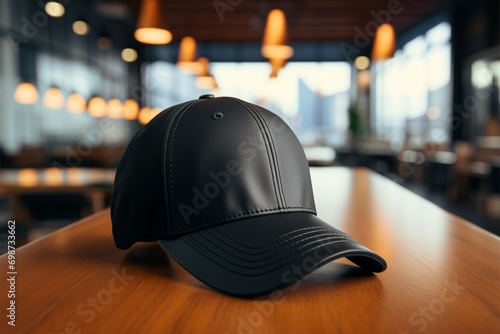 Classic baseball cap in black sits elegantly on the table, adding a stylish touch photo
