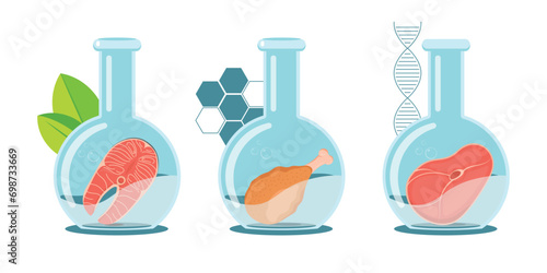 Set of laboratory grown meat of salmon, beef and chicken leg. Raw meat slices floating in the laboratory flasks. Icons to cultured meat.
