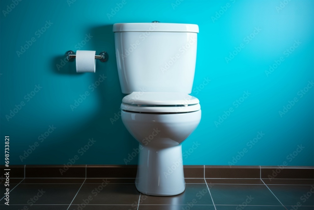Clean and simple a white ceramic toilet stands against a backdrop of calming blue Clean and simple a white ceramic toilet stands against a backdrop of calming blue