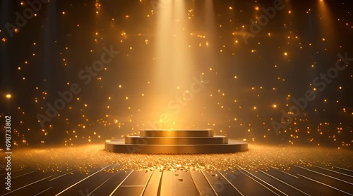golden confetti rain on festive stage with light background photo
