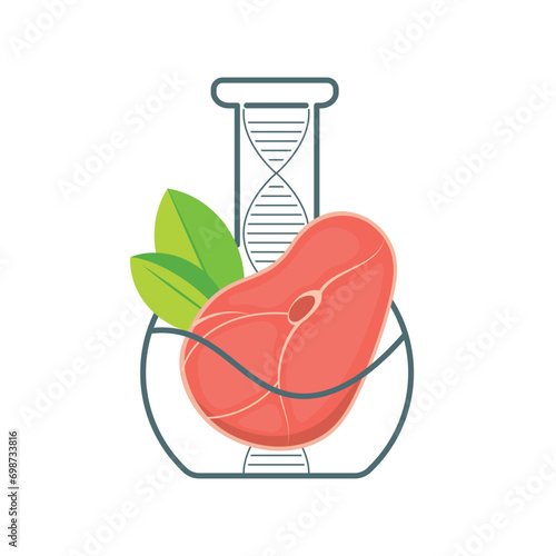 Fresh laboratory grown meat of beef or pork floating in laboratory flask.
