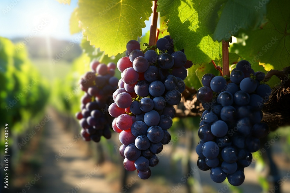 Naklejka premium Lush vineyard scene fresh grapes bathed in soft, natural light
