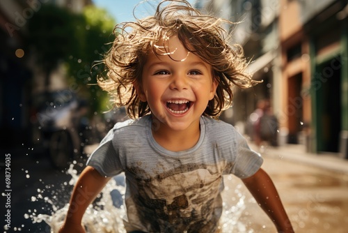 Little cute playful caucasian blond toddler boy enjoy have fun playing jumping in dirty puddle wearing blue waterproof pants and rubber rainboots at home yard street outdoor. Happy childhood concept photo