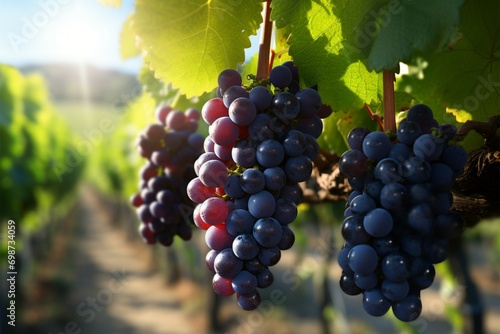 Lush vineyard scene fresh grapes bathed in soft, natural light