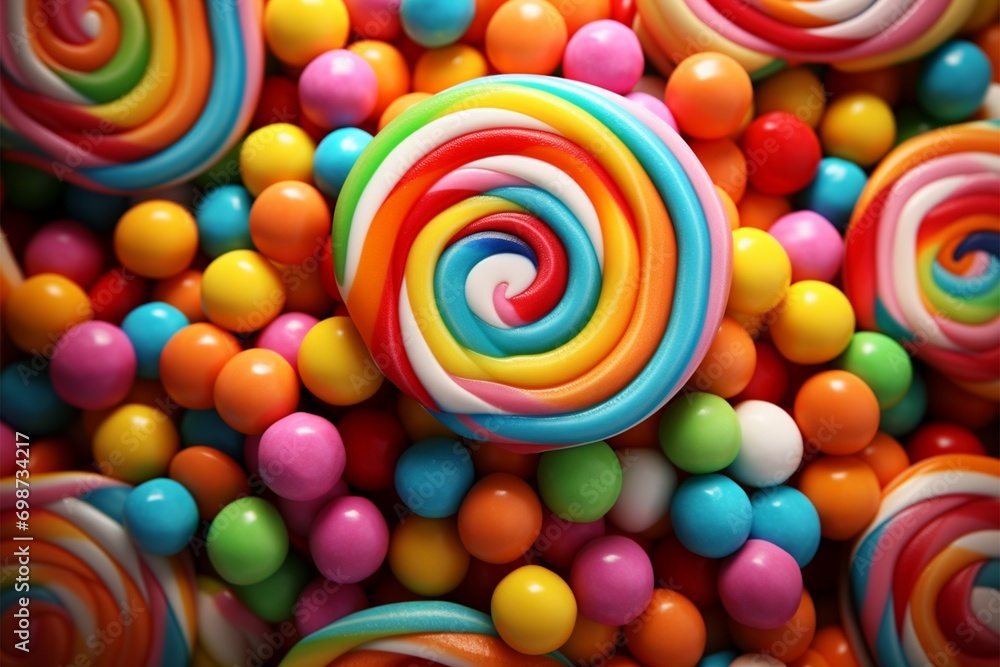 Candy kaleidoscope a background bursts with a riot of vibrant, colorful sweets Candy kaleidoscope a background bursts with a riot of vibrant, colorful sweets