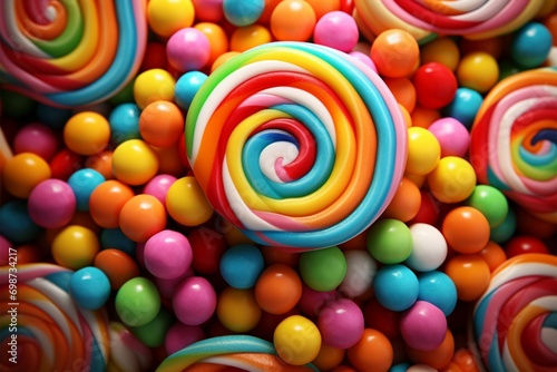 Candy kaleidoscope a background bursts with a riot of vibrant, colorful sweets photo