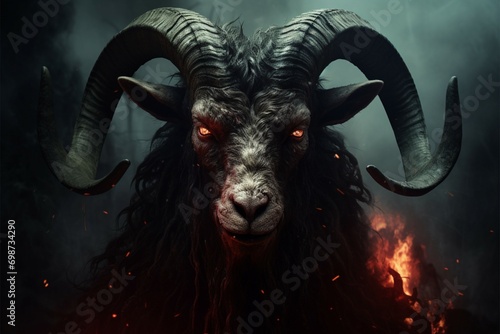 Bathomet, the demonic goat, symbolizes malevolence and occult forces with an eerie presence