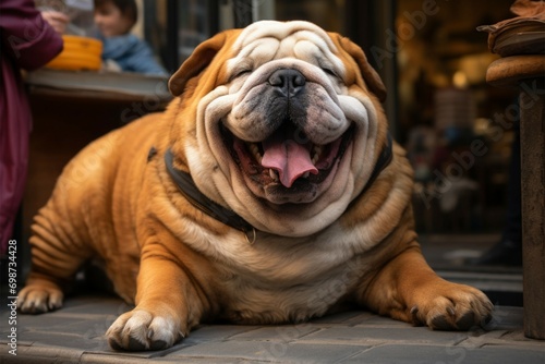 Chubby street dog exudes joy and contentment, capturing hearts with its plumpness