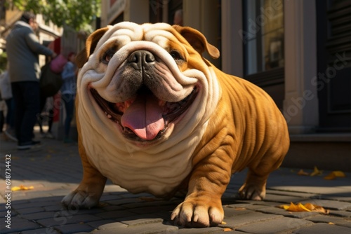 Delightfully plump pet dog enjoys a leisurely stroll, radiating happiness on the street