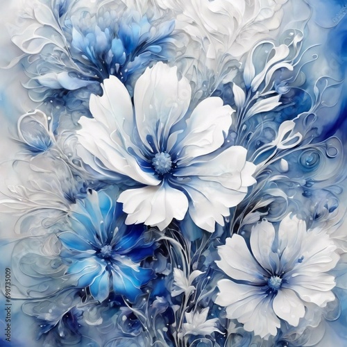 flower pattern, background, blue and white contemporary art, stylized, detailed
