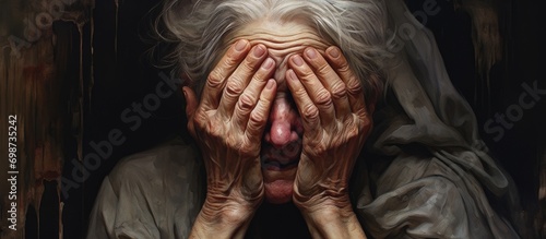 An aged woman weeping with her face hidden.