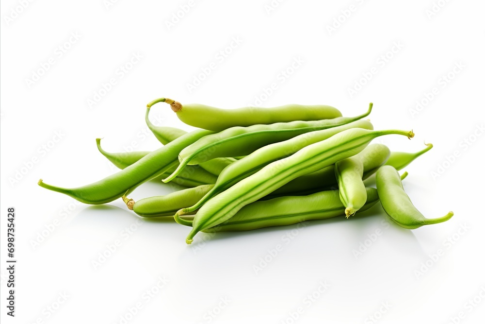 Vibrant green beans on clean white backdrop for captivating ads and packaging designs Vibrant green beans on clean white backdrop for captivating ads and packaging designs
