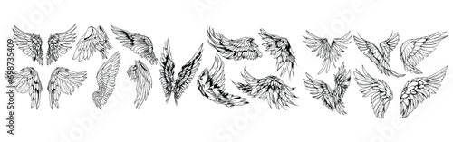 Angel wings illustration vector set, wings graphic element, thin line black, angelic feathered vectors, angel wing clipart collection, transparent background © LOVE VECTOR