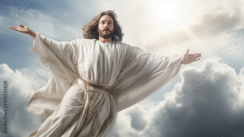Resurrection of jesus christ ascending to heaven in bright sky with clouds and god concept