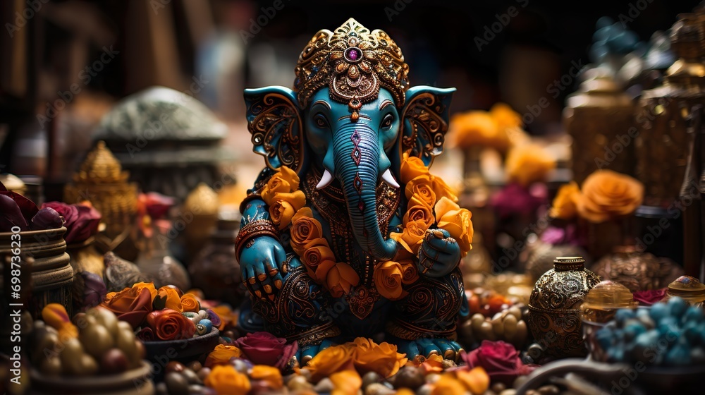 Ganesha statue with blue elephant head and golden headdress adorned with flower garlands Ganesha statue with blue elephant head and golden headdress adorned with flower garlands