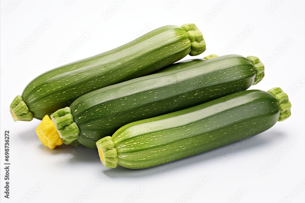 Fresh organic zucchini on clean white backdrop for captivating ads and packaging designs Fresh organic zucchini on clean white backdrop for captivating ads and packaging designs