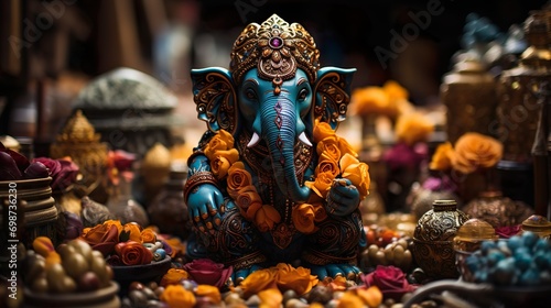 Ganesha statue with blue elephant head and golden headdress adorned with flower garlands